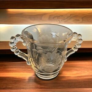 Vintage WJ Hughes CORNFLOWER Etched Glass Sugar Holder Candlewick Handles Dainty